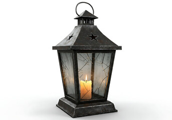 An antique lantern with a lit candle inside, casting a soft glow through its glass panes.