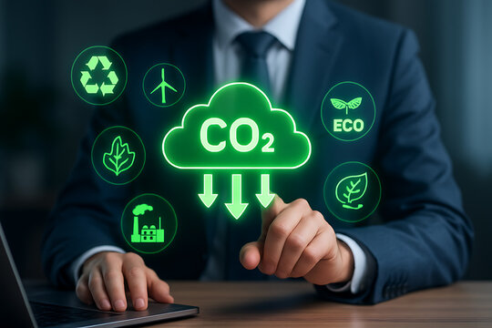 Concept of carbon footprint reduction with businessman touching virtual screen displaying CO2 cloud and green eco symbols, representing climate action and sustainable business practices