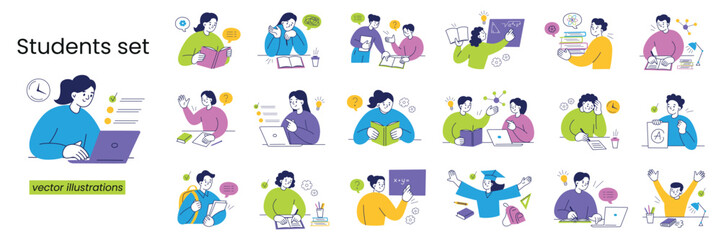 Flat cartoon vector collection of students studying, reading, doing homework, answering questions, taking exams, discussing topics, teachers helping. Education and school visuals, academic content