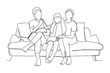 Continuous one line art of happy family, vector illustration.