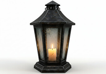A vintage lantern with a lit candle inside, showcasing an antique design.