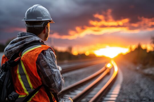 A man in a safety vest stands on a train track looking at the sunset