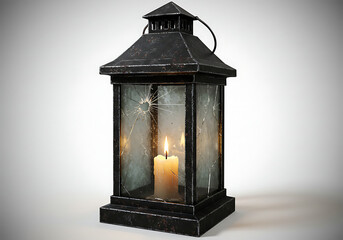 An antique lantern with a lit candle inside and cracked glass, casting a warm glow.