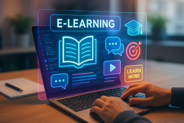 E-learning online education concept with digital icons on laptop screen, modern distance learning and virtual classroom technology