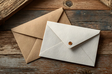 Blank invitation card and envelope on wooden table, top view. Space for design