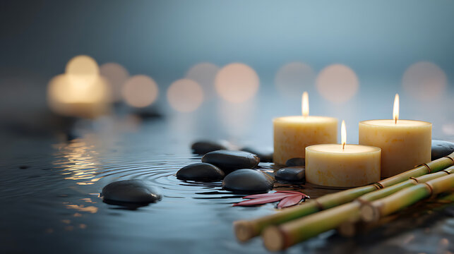 Serene spa scene featuring candles, stones, and bamboo offers tranquil wellness and relaxation.
