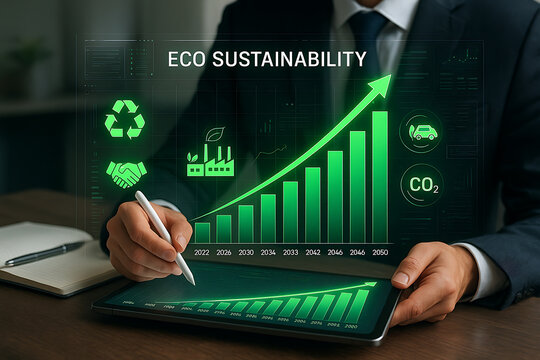 Eco sustainability digital growth chart on tablet, business strategy for green energy, carbon reduction, and environmental progress - Powered by Adobe