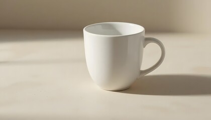 Fototapeta premium Close-up of a single white ceramic cup on a neutral beige background