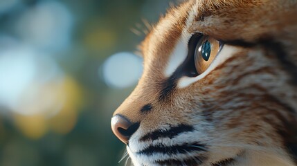 Close up portrait of ginger cat face with bright blue eyes against blurred bokeh background, showing detailed whiskers and fur texture in warm natural lighting.