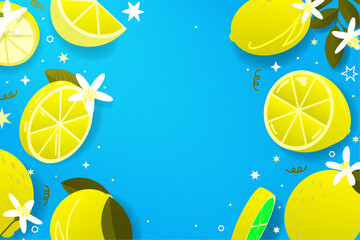 Bright lemon theme banner with copy space in center on blue textured background. Cute illustrations of lemon with shadows. Tropical summer fruit background template. Vector.