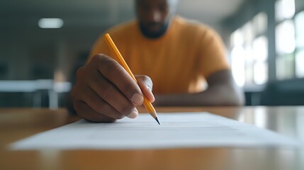 African American male student in orange t-shirt writing with yellow pencil on paper at desk in classroom or library, focused on educational task. Close up view.