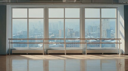 Wide windows overlooking city, ballet barre