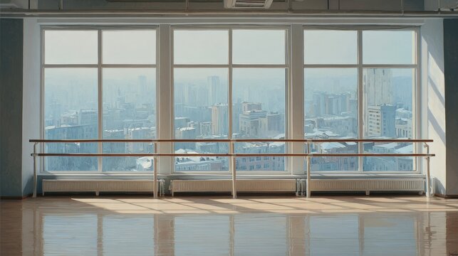 Wide windows overlooking city, ballet barre - Powered by Adobe