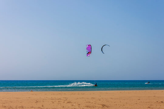 Kitesurfing on Prassonissi Beach, Rhodes. Greece