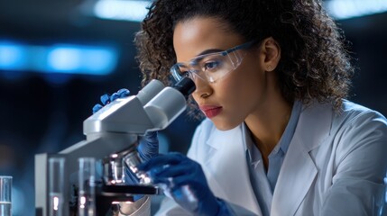A woman wearing a lab coat and goggles is looking through a microscope