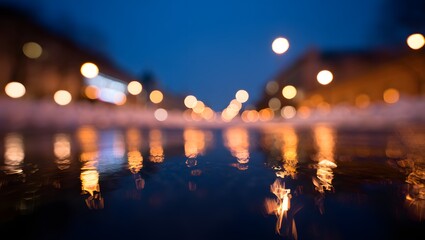 Night city lights reflections on wet pavement abstract bokeh background wallpaper