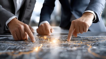 Two men are pointing at a map, one of them is wearing a suit