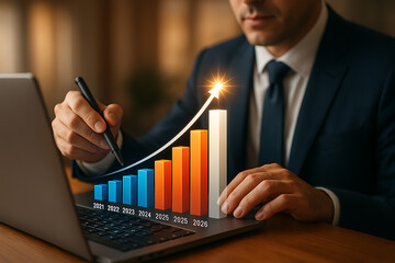 Man using smartphone and laptop with futuristic digital security login interface showing password protection and data privacy in modern office environment
