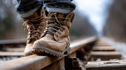 A person is standing on a railroad track with their feet on the rails