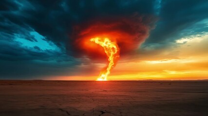 A fiery tornado of light spirals upwards as the sun sets over a dry, cracked landscape in a dramatic display of natures power