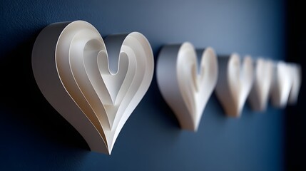 Elegant White Paper Heart Decorations on a Dark Blue Wall in a Modern Art Installation