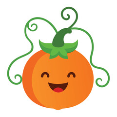 Whimsical smiling pumpkin wearing a curly green vine hat with rosy cheeks perfect for autumn and halloween celebrations
