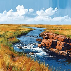 Artistic River Landscape with Golden Fields and Blue Sky
