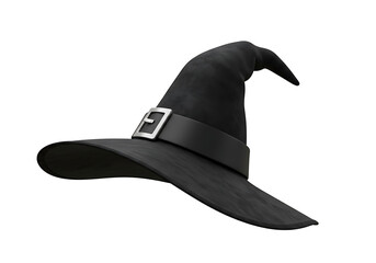 A black witch's hat with a silver buckle, isolated on white background.