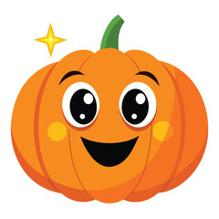 Whimsical cartoon pumpkin character with large sparkling expressive eyes and a friendly goofy grin perfect for halloween or autumn celebrations