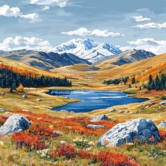 Serene Autumn Mountain Landscape with Lake and Snow Capped Peaks.
