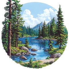 Serene Forest Lake Surrounded by Majestic Pine Trees and Mountains.