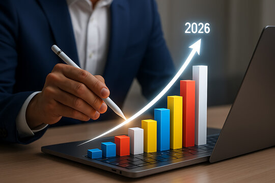 Professional analyzing virtual financial graphs and business performance data on laptop with colorful growth chart and future projections