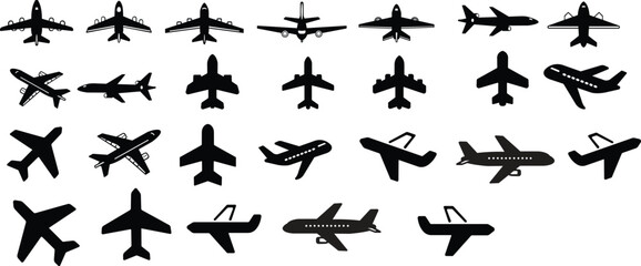 Fototapeta premium Art & IllustratioAirplane icon set.Plane icon set. Airplane icon vector. Flight transport symbol. Travel illustration. Holiday symbol.Flight land symbol vector black.Set airplane icon. Aircrafts flatn