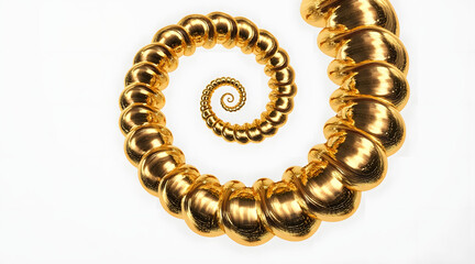 Stylized gold intestine in abstract spiral form with shiny metallic texture and smooth reflective surface on white background
