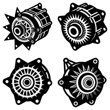 Four black and white vector illustrations of alternators from different perspectives and angles shown