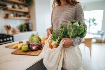 Woman holding a reusable bag filled with fresh vegetables, standing in a modern kitchen with a wooden cutting board and various produce in the background, promoting healthy eating habits