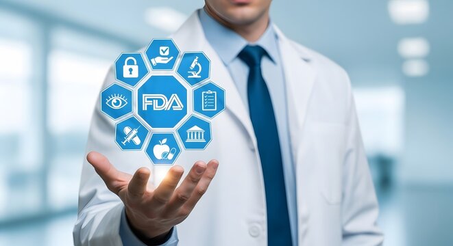 Doctor presents a digital concept of FDA regulation, demonstrating drug approval, quality control, safety standards, and health management in modern medicine.