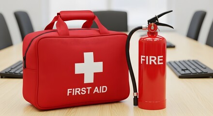 Workplace emergency readiness shows a red first aid kit next to a fire extinguisher on a wooden table, suggesting safety protocols and a prepared office setting.