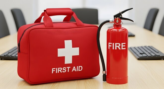 Workplace emergency readiness shows a red first aid kit next to a fire extinguisher on a wooden table, suggesting safety protocols and a prepared office setting.