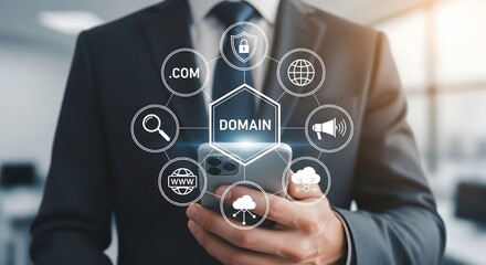 Businessman utilizes domain name search on his smartphone showcasing web hosting, cloud computing, and online security features in a modern business setting.