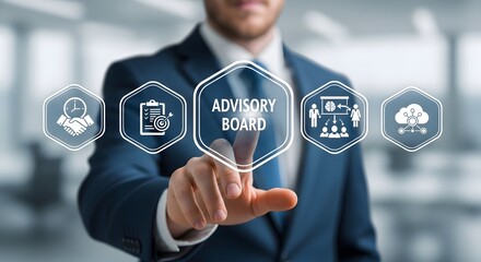 Man's touch activates an Advisory Board hexagon on a digital interface, illustrating corporate governance, strategic consulting, and business collaboration in the modern era.