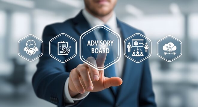 Man's touch activates an Advisory Board hexagon on a digital interface, illustrating corporate governance, strategic consulting, and business collaboration in the modern era.