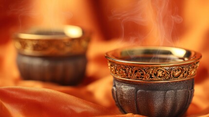 Arabic coffee ritual with golden cups and saffron cloth, evoking festive warmth