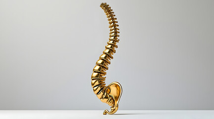 Obraz premium Golden spinal column vertebrae chain gently curving upward on clean white surface with soft gray background