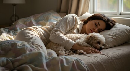 Woman sleeping in bed with her small white dog near a window with natural light in the bedroom