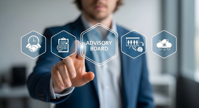 Business professional interacts with virtual Advisory Board icons, touching symbols relating to consulting, meetings, brainstorming, and cloud data, showing strategic partnership.