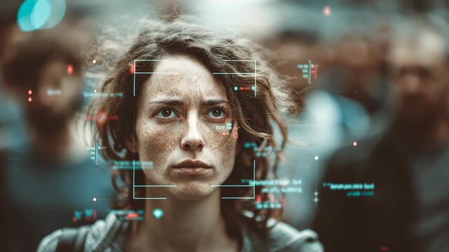 Facial recognition technology analyzes crowd, focusing on woman with curly hair and freckles, raising awareness of privacy and surveillance issues
