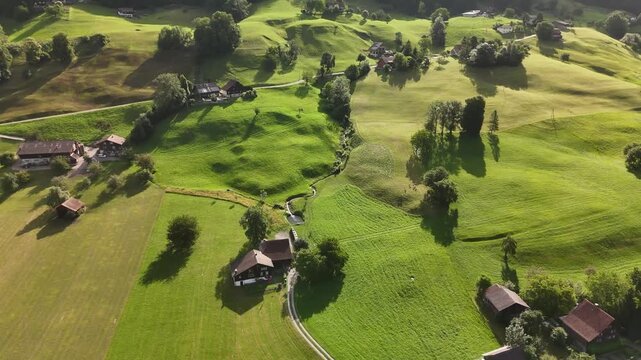 Scenic Aerial View of Swiss Train Passing Through Alpine Valley with Green Fields and Mountains Near Flums, Berschis and Walenstadt, Switzerland &ndash; Drone Footage