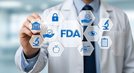 Doctor displays FDA regulation icons related to medicine, pharmaceutical research, and healthcare safety compliance, ensuring consumer protection through strict health guidelines.