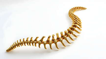 Golden spine model, human vertebrae structure, medical anatomy concept, shiny metallic bones, isolated on white background, elegant design